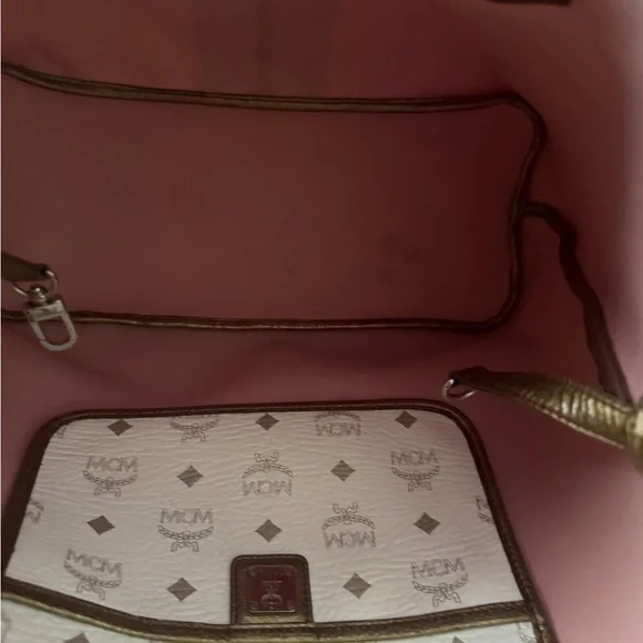 MCM White and Gold Visetos Tote with Brown Trim - Picture 5 of 10